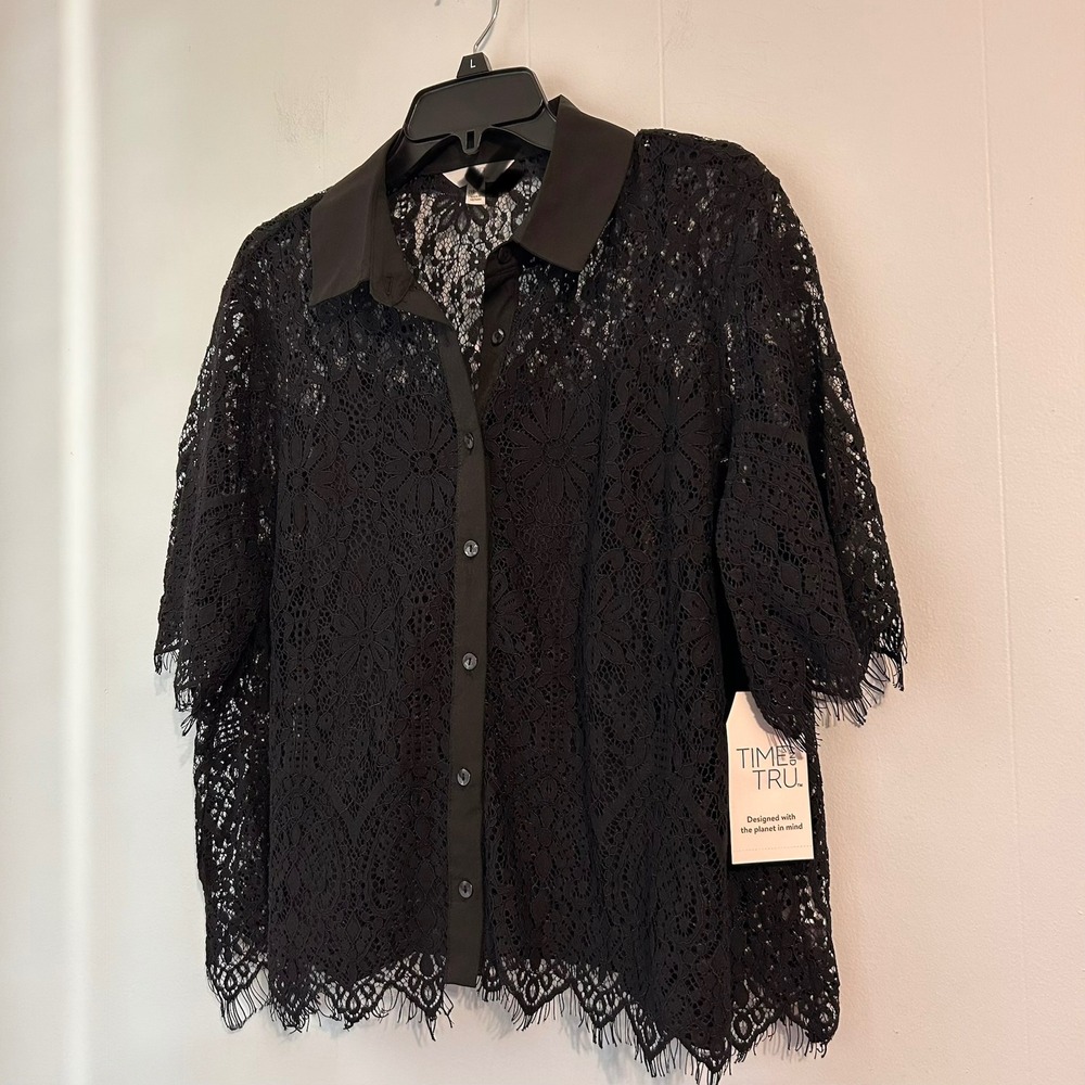 Time and Tru Womens Floral Lace Button Down Shirt Black Soot Large 12-14 NWT